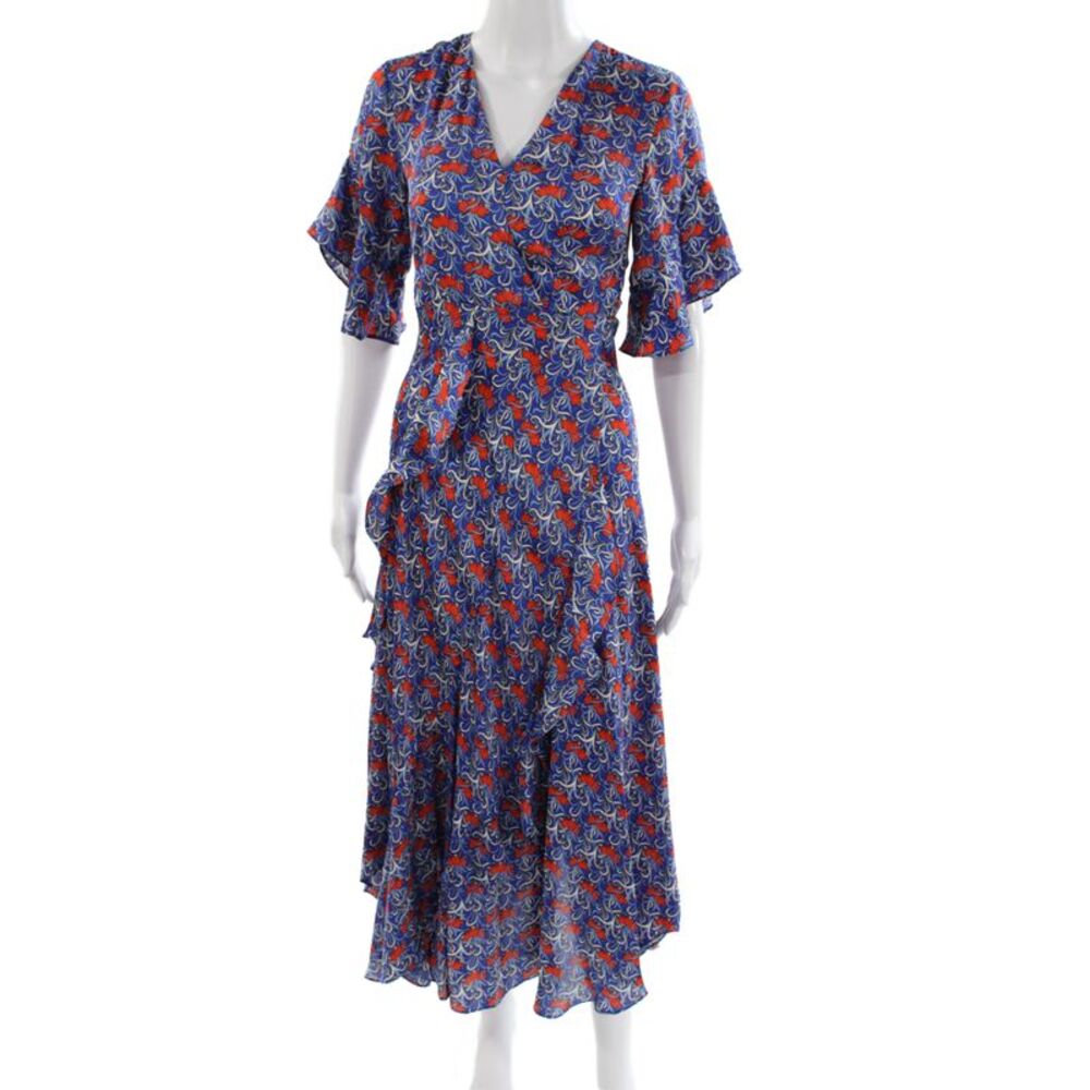 Alexis Women Wrap Dress Blue Floral V-Neck Short Sleeve Long Zip Size XS